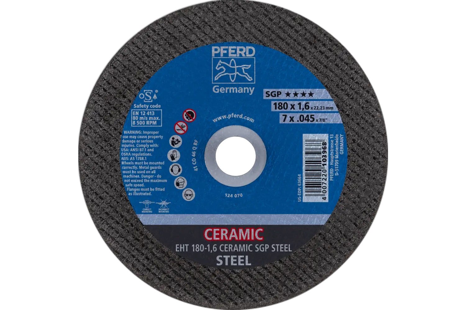 Picture of Pferd Cut-Off Wheel, 7" X .045 X 7/8, Ceramic Sgp Steel, T1, Ceramic Oxide